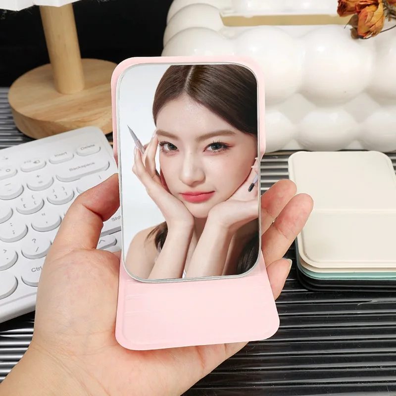 Desktop Makeup Mirror Solid Color PU Leather Simple Portable Handheld Makeup Mirror Foldable Student Compact Cute Pocket Mirror