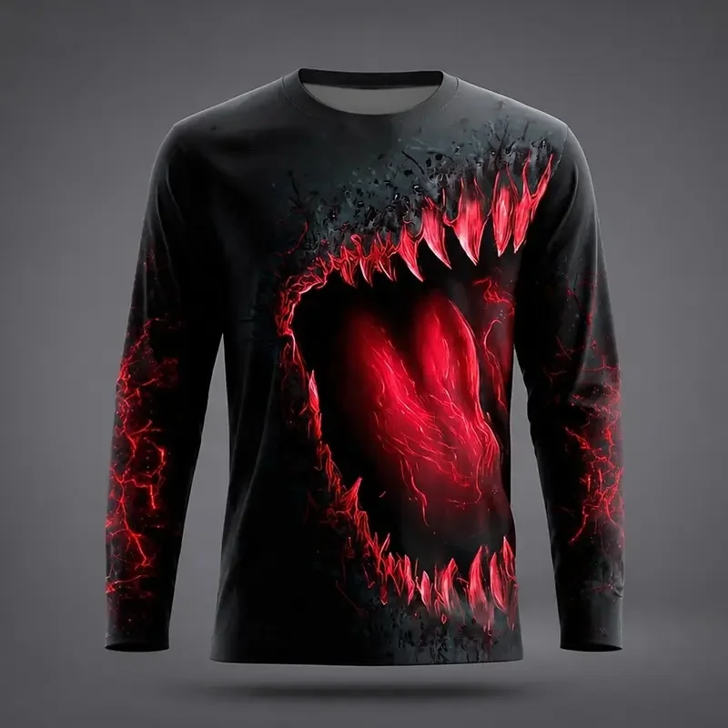 Men Long‑Sleeve T‑Shirt,3D Horror Monster Mouth Eyeball Print,Crew Neck Halloween Party Tops
