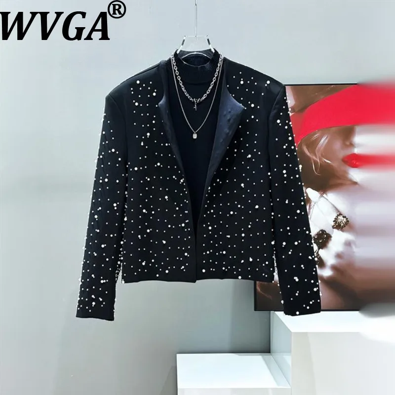 

WVGA Spring Autumn New Men Tide Heavy Craft Pearl Trendy Long Sleeve Blazer Niche Chic Casual Collarless Short Suit Coats W15409
