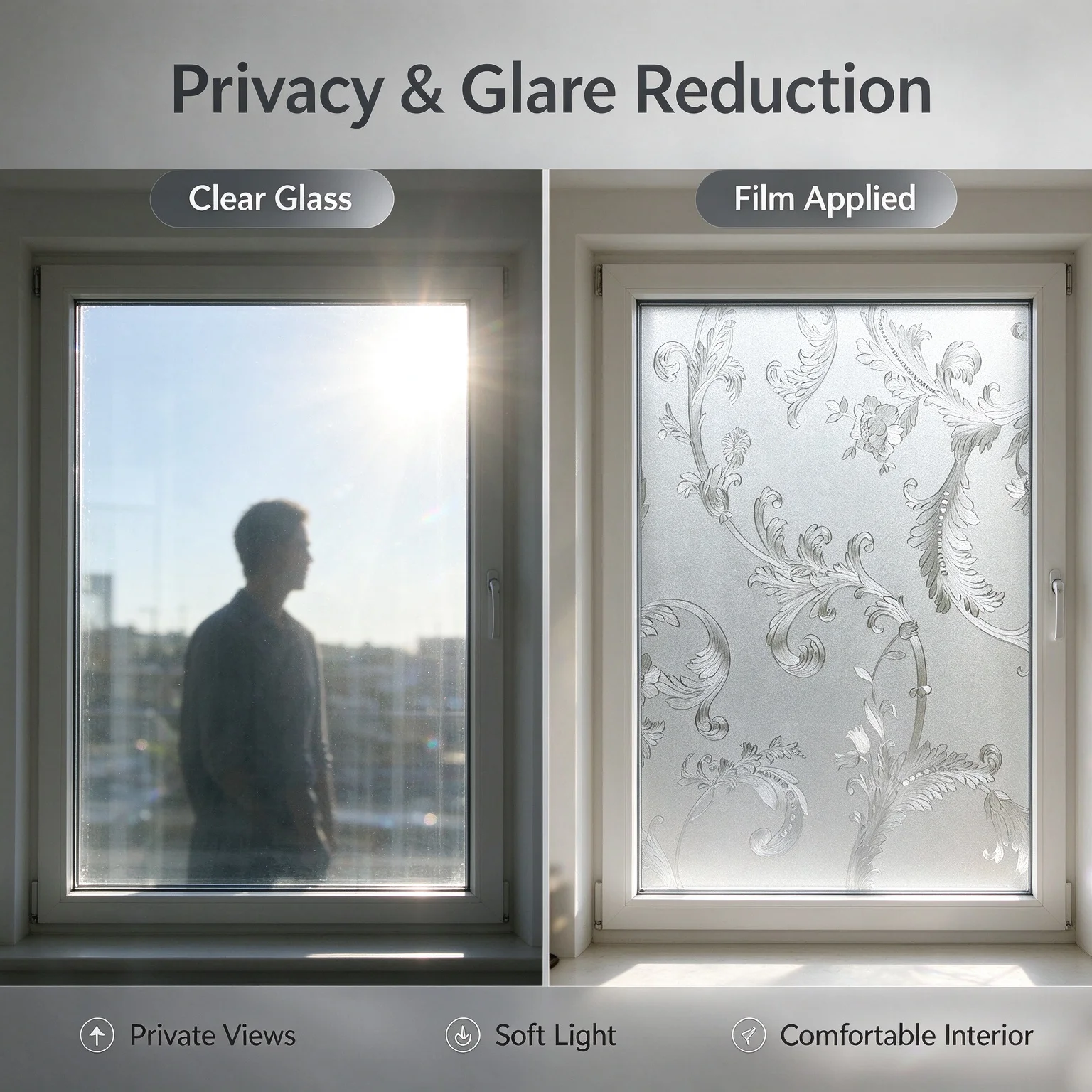 Window Privacy Film Static Cling No Glue Vintage Floral Scroll Frosted Glass Tint Anti-UV Anti-peep Decorative for Home Office