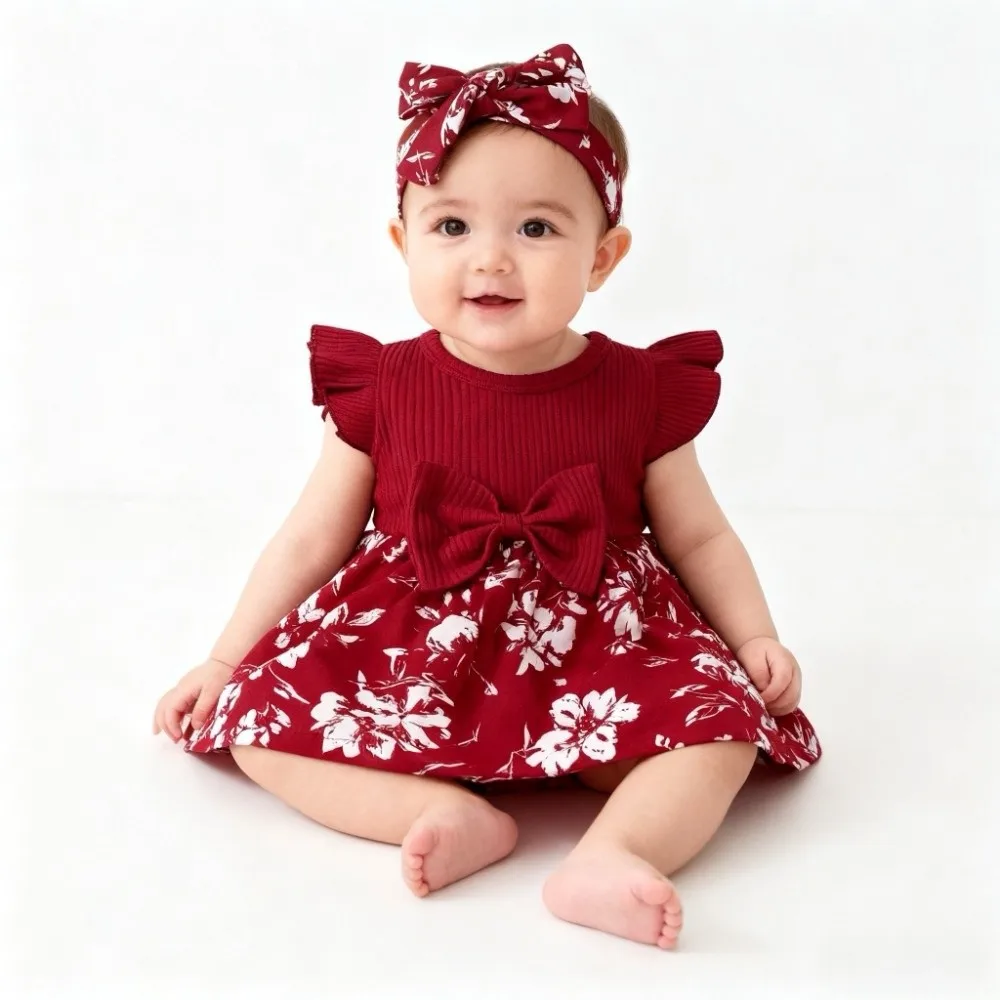

Bow Baby Girl Dress Cotton Floral Newborn Clothes Set Short Sleeve with Headband Socks Infant Red Princess Dress