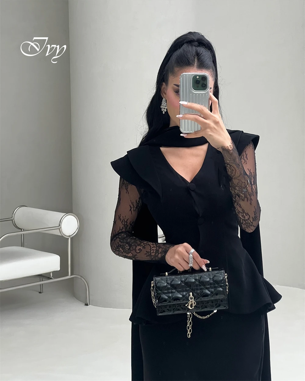 تخصيص رائعة الخامس الرقبة كاب الأكمام الدانتيل طويلة الأكمام عالية الجودة الساتان فساتين حفلة موسيقية حساسة فساتين المناسبات الخاصة