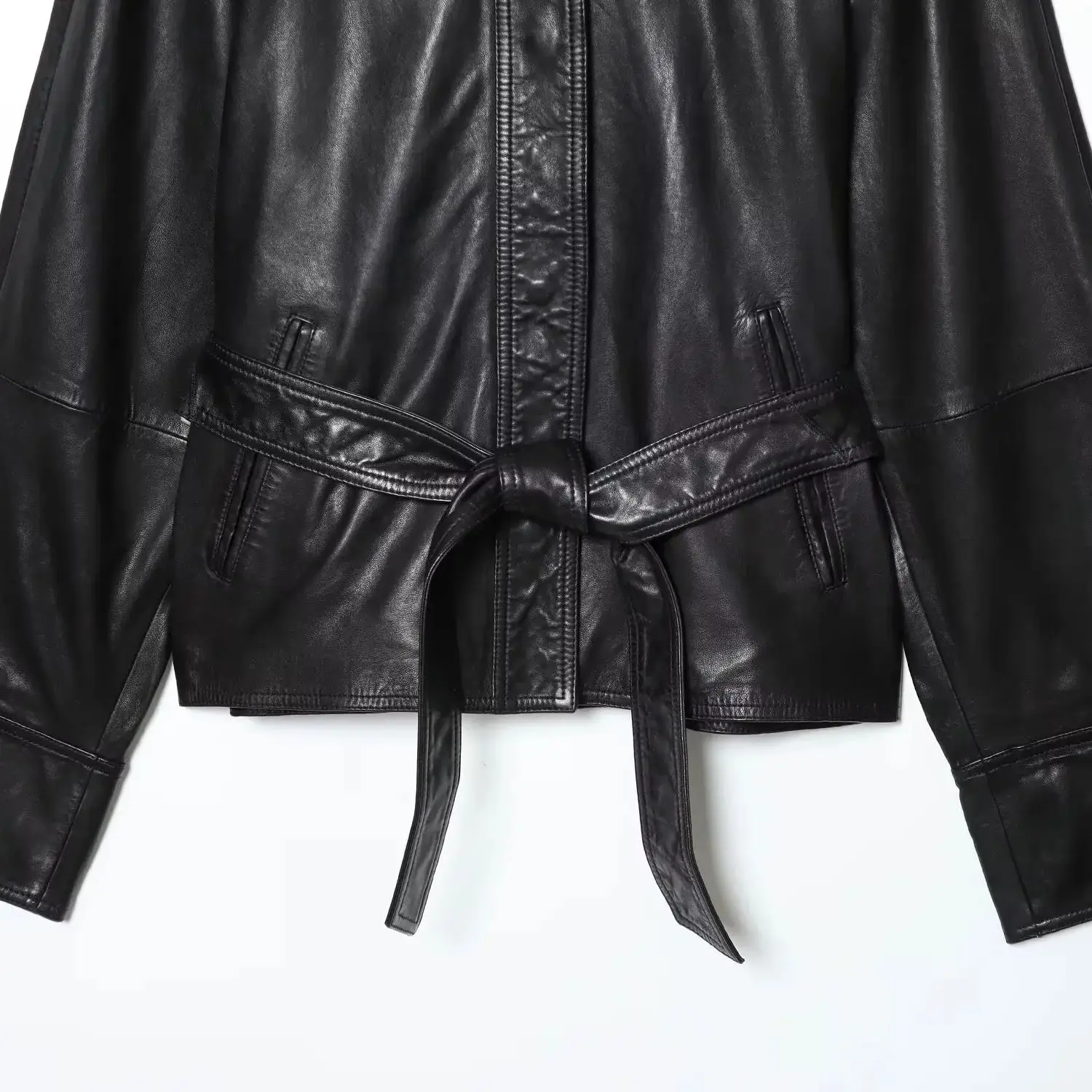 DiYiG WOMAN 2025 Winter New Fashion Short Imitation Leather Lace-up Leather Chic Lapel Button Long Sleeve Jacket Outerwear Mujer