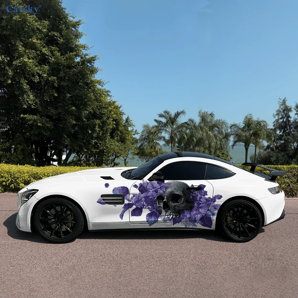 Skull Flowers Car Side Sticker PVC Self Waterproof Stick, Striking Auto Exterior Accessories Decor Protect Gift for Car Lover