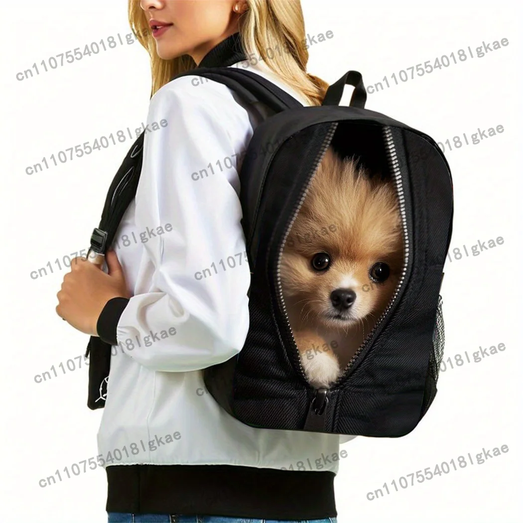 3pcs Peeking Fluffy Puppy Backpack Set - Large Capacity Lightweight Nylon Daypack with Lunch Bag & Pencil Case, Ideal for School