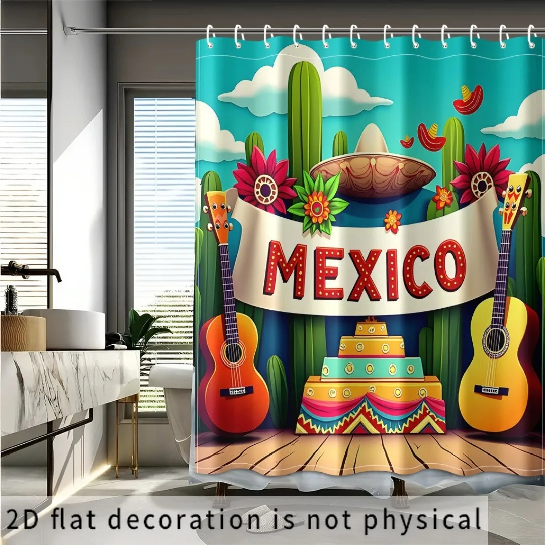 Mexican Fiesta Shower Curtain, Cactus Guitar Sombrero Pattern Waterproof Bath Curtain, Latin Tropical Decor for Bathroom Party