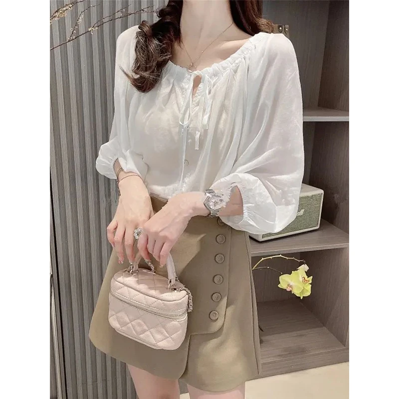 Elegant Solid Color Lace Up Bow Puff Sleeve Shirts Women\'s Clothing 2024 Summer New Loose All-match Tops Office Lady Blouses