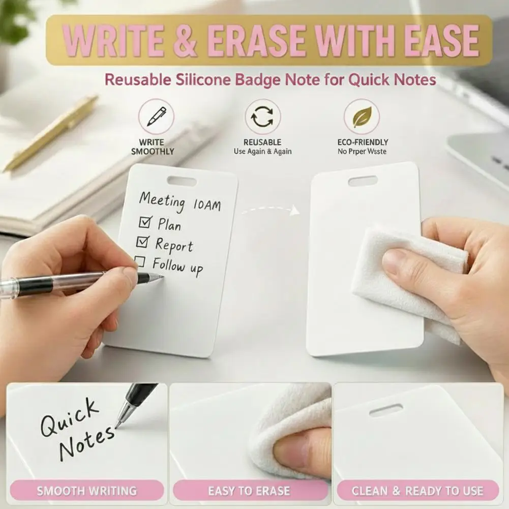 Erasable Badge Sticky Notes Reusable Wipe Clean Memo Badge Self Adhesive Removable Label Notebook Washable Planner Notepad