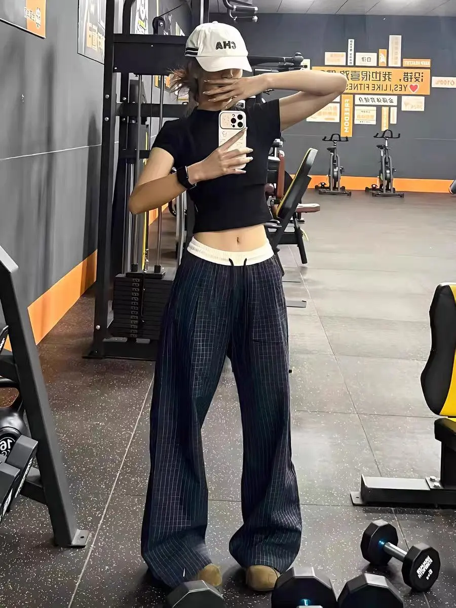 Women's Retro Checkered Pattern Hip-hop Wide Legs Sweatpants Wide-leg Casual Bottoms Summer Pants Female High Waisted Trousers