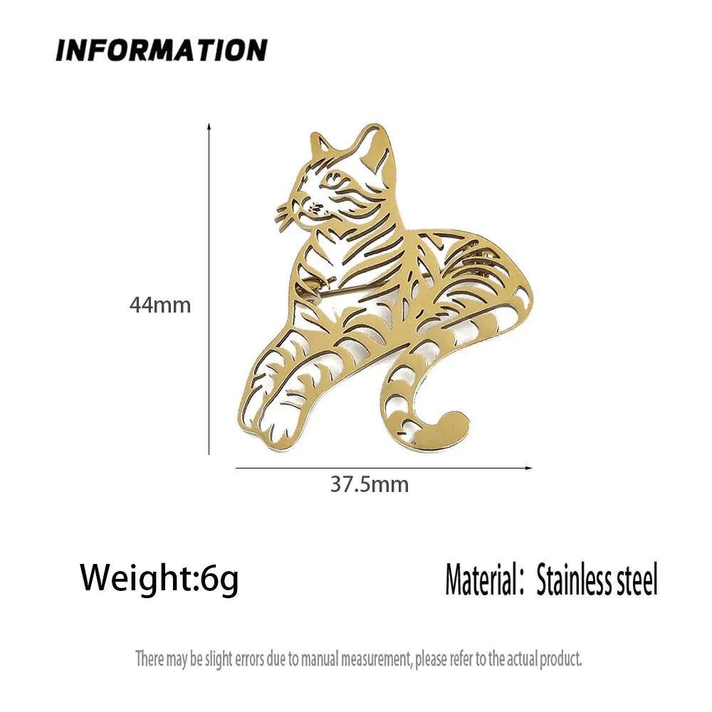 316L Stainless Steel Plated 18K Gold Striped Cat Hollow‑Out Brooch Lapel Pin for Jacket Backpack Unisex Pet Jewelry Gift