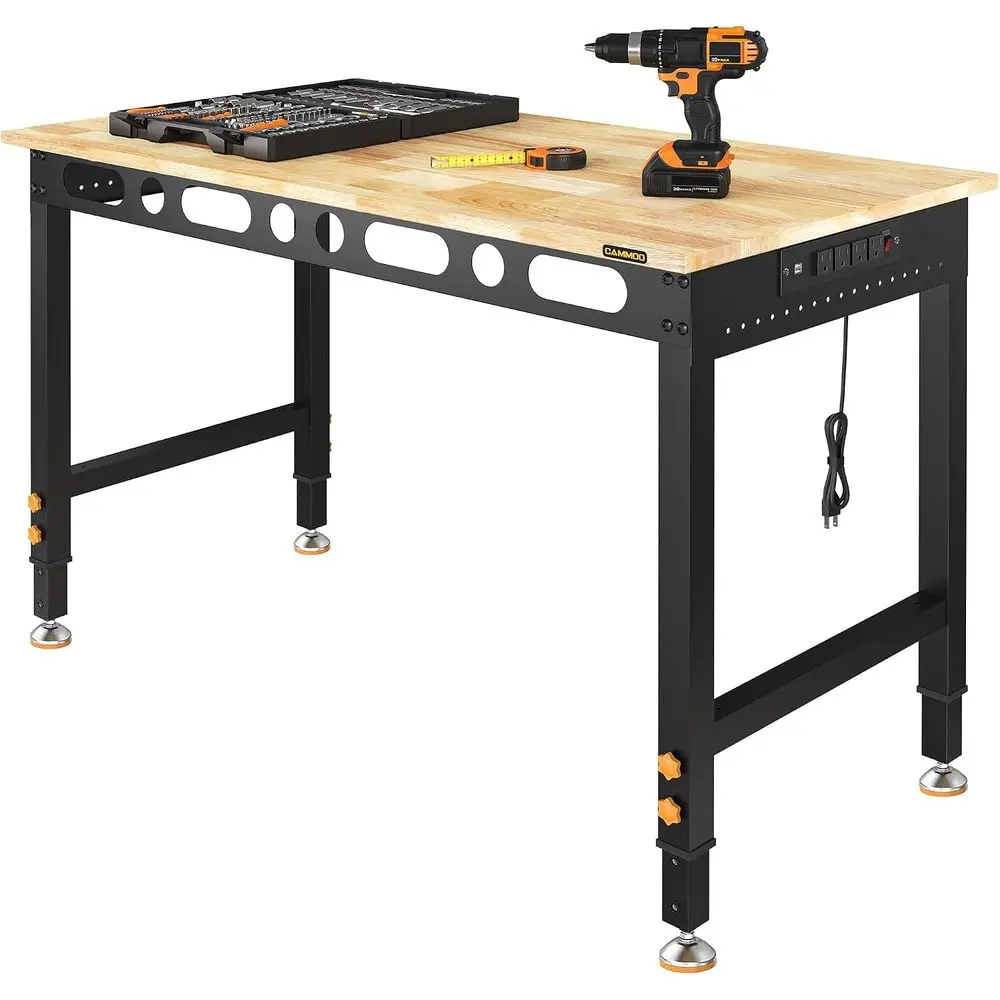 48 Inch Adjustable Workbench 2000 LBS Capacity, Power Strip, Solid Rubber Wood Top, Heavy Duty Craft Work Table for Home, Garage