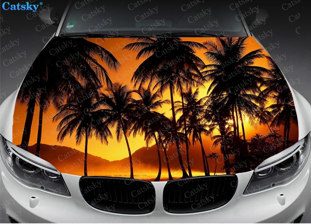 Palm Tree Sunset Car Hood Sticker Painting Self-adhesive Universal Car Accessories Film Modified Hood Protect Decal Decoration