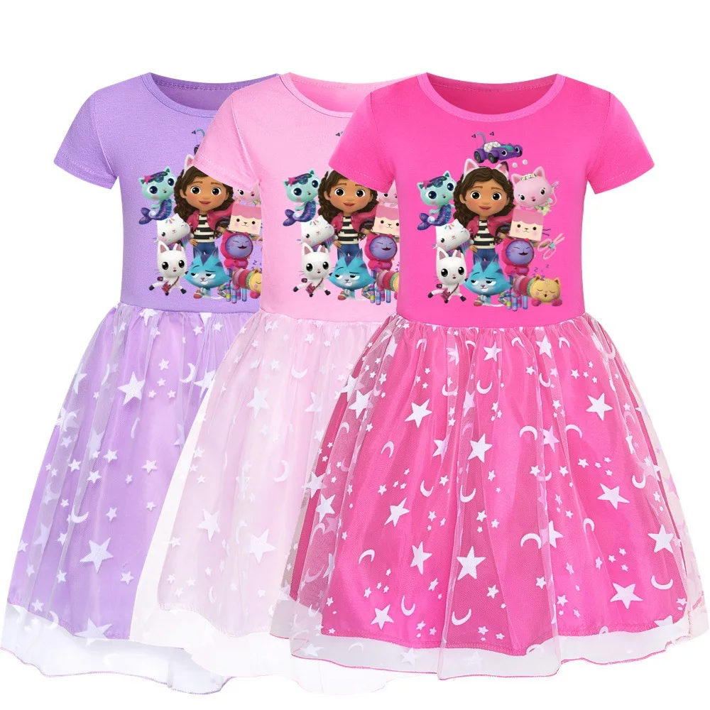 Gabbys Dollhouse Clothes Baby Girls Rainbow Dresses with Headdress Kids Cartoon Gabby Cats Tastic Wedding Party Princess Vestido