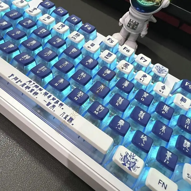 116Keys Profile Blue and White Porcelains Theme Keycap for Mechanical Keyboards PBT DyeSubbed KeyCaps for Switches N7YA