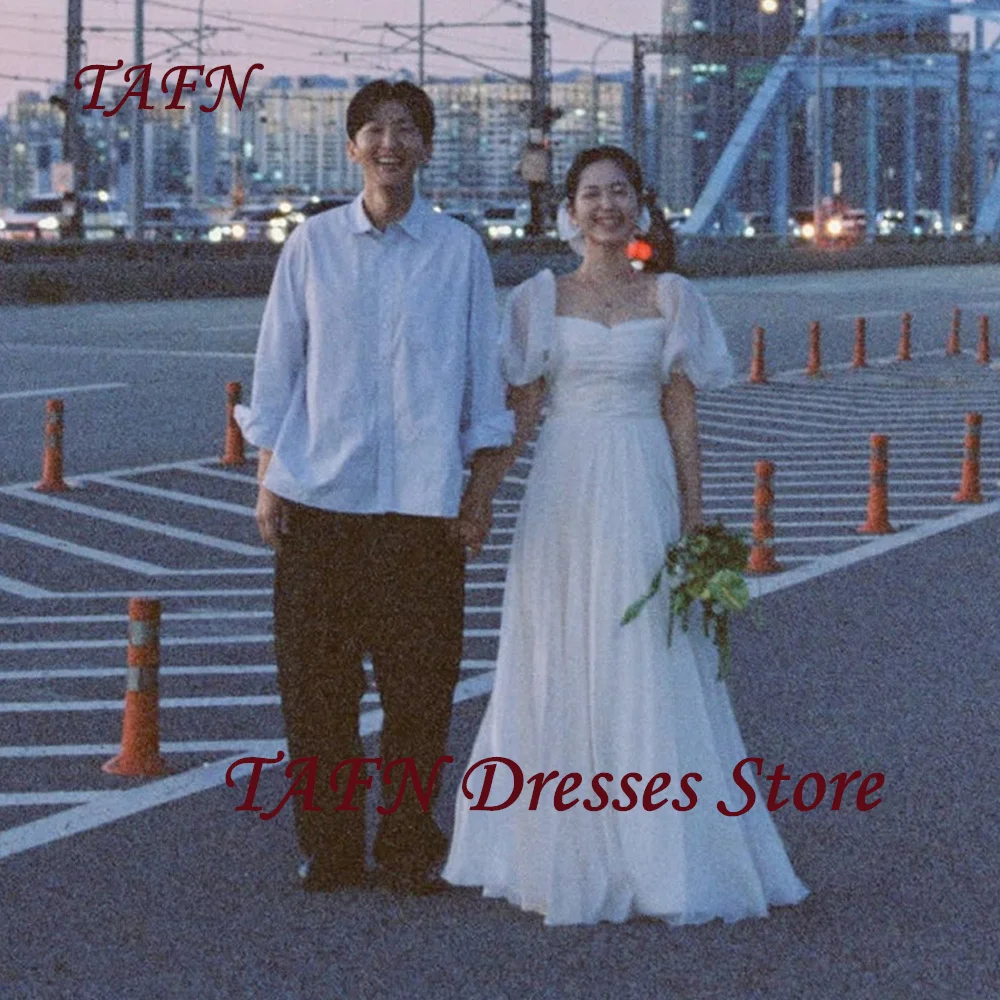 

TAFN Elegant Square Collar A Line Wedding Dress Korea Photo shoot Puff Sleeves Floor-Length Bridal Gowns Pleats Customized