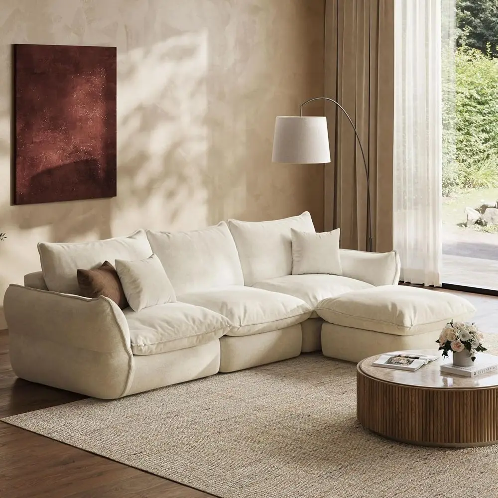 

Белый угловой диван-секционный гарнитур цвета слоновой кости с глубоким сиденьем и мягкими подушками с наполнителем из искусственной кожи для комфортной современной гостиной