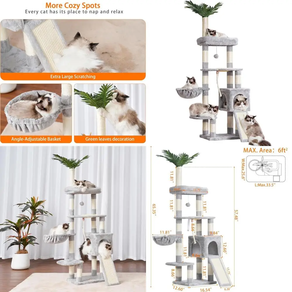 Indoor Cat Tower 65.4 HCT015W, Multi-Level Gray Condo with Perches, Basket, Feeding Station, Plush Furniture, Scratching Posts
