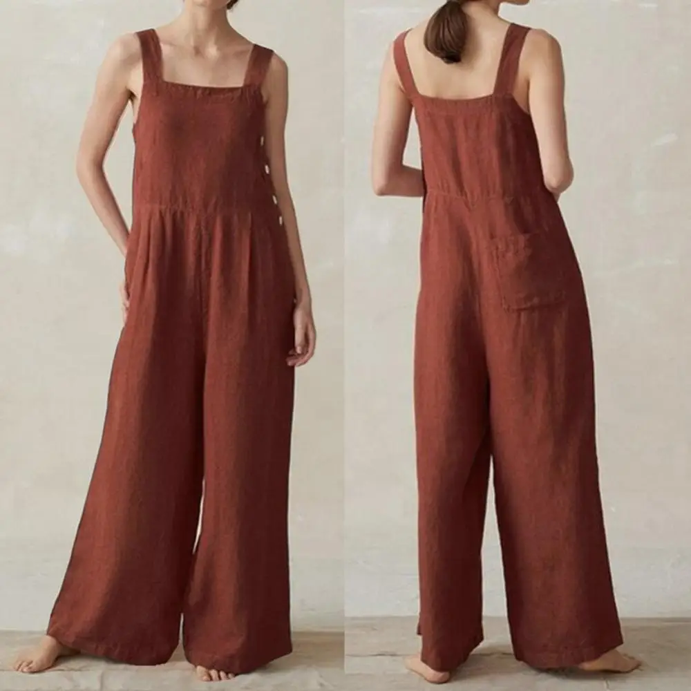 Summer Style Pure Color Sleeveless Integrated Pants Women Linen Material Comfortable Casual Style Trousers Buttons Pockets