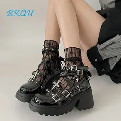 BKQU nowe buty na platformie wiosna/lato 2024 Lolita Punk japoński mundur z łańcuszkiem 6.5cm