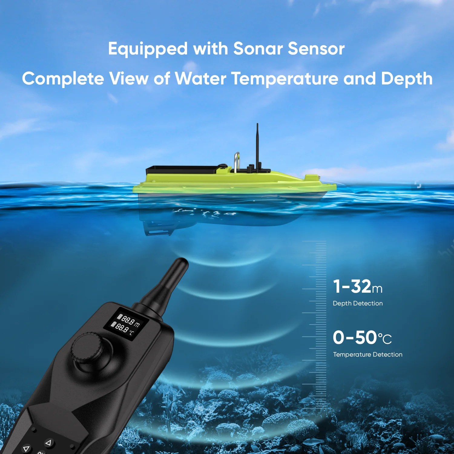 2.4GHz GPS Fishing Bait Boat GPS with 500m Remote Range Dual Motor Sonar Depth and Temperature Detection