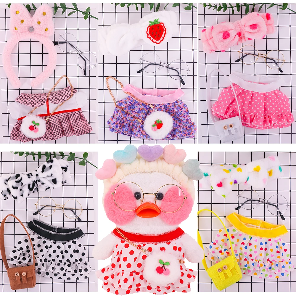 Doll Clothes For 30cm Duck Doll Polka Dot Skirt Strap Dress With Hats Lalafanfan Cafe Duck Dolls Accessories Children's Toy Gift