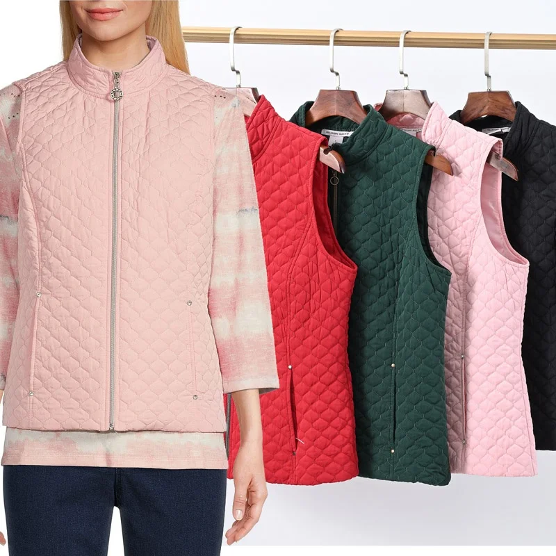 

Women's Windproof Water-Resistant Quilted Diamond Pattern Half-Zip Cotton Liner Vest Large Size Autumn Winter Fashion