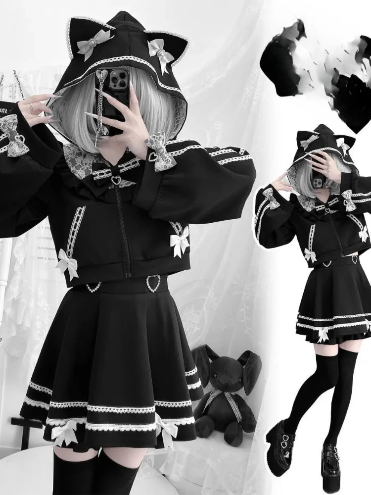 Gonna stile preppy della sottocultura giapponese adatta alle donne Cappotto a maniche lunghe con orecchie di gatto carino + gonna soffice Autunno Nuovi abiti slim vintage