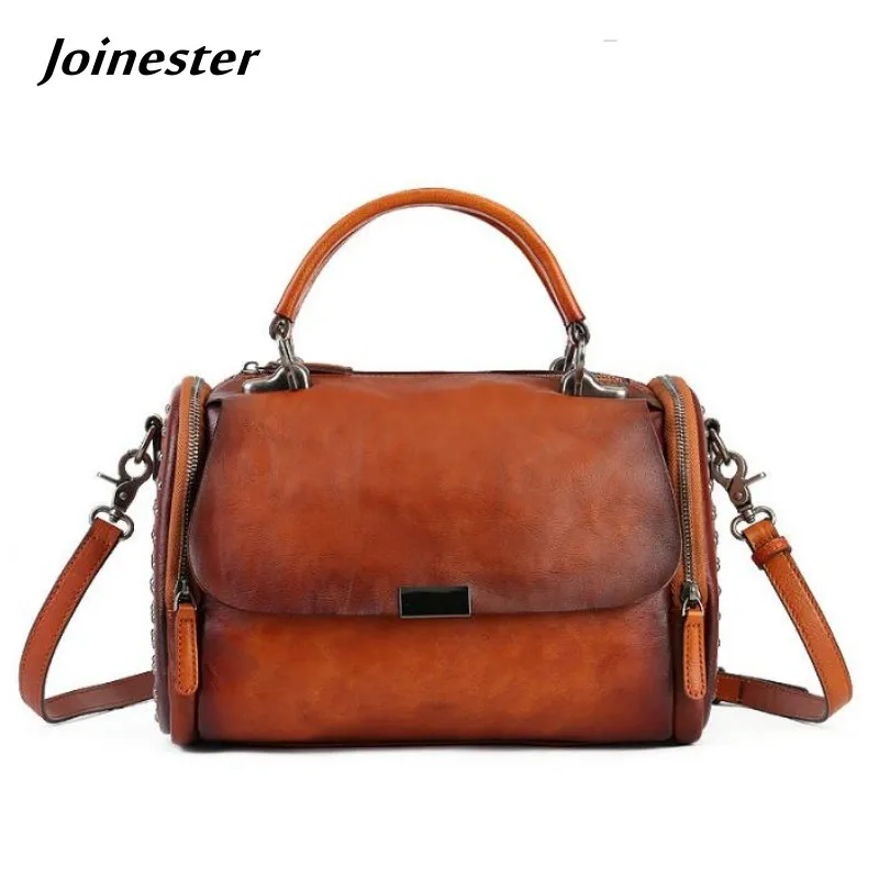 Top Handle Full Grain Leather Boston Bag Vintage Functional Handbag for Ladies Handmade Crossbody Purse Bag Retro Travel Tote