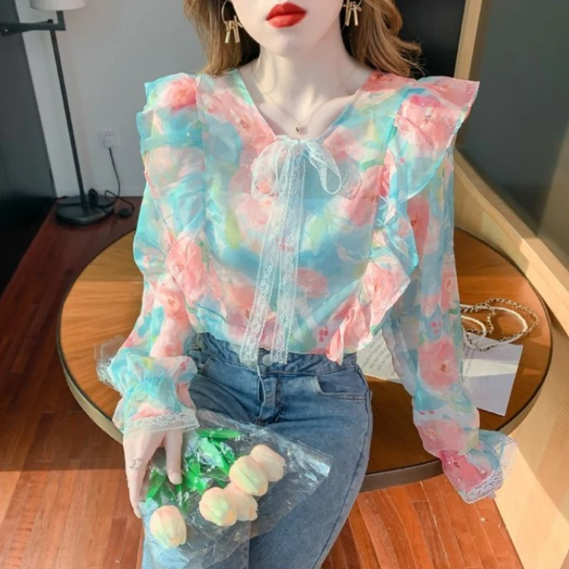 

Ethereal Ruffle Chiffon Shirt Women Autumn 2026 New Arrival Lace Tie Loose Long Sleeve Stylish Blouse