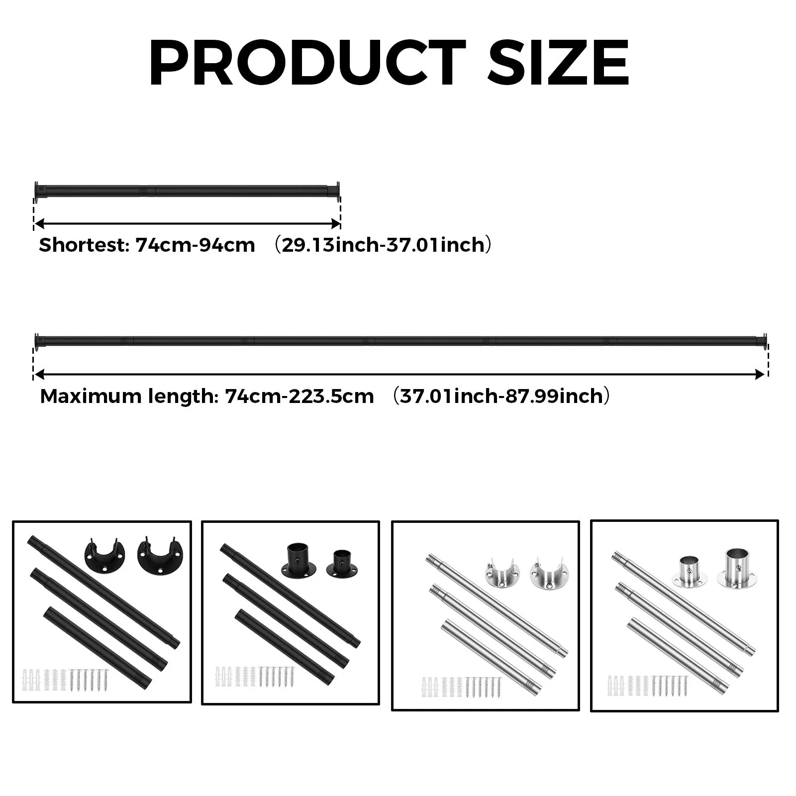 Curtain Telescopic Rod Stainless Steel Adjustable 74-223.5cm Extendable Pole LB 15-25kg Clothes Drying Rack No-Drill Drapery Rod