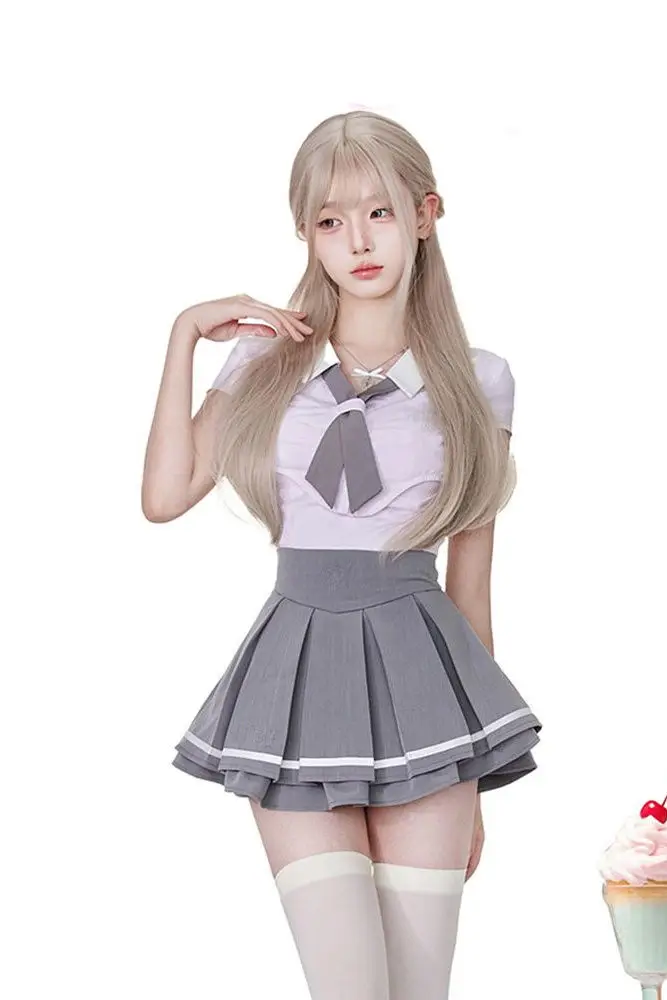 Japan Set Female Summer New Pure Desire Spicy Pink Short-Sleeved Shirt Pleated Skirt Three-Piece Korean Jk Uniform College Style