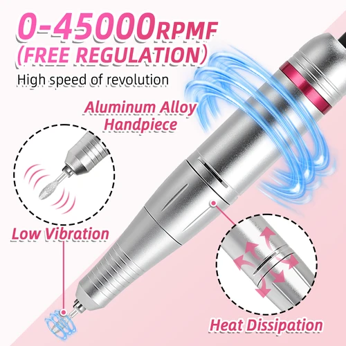 Imagen 2 del producto Taladro de uñas de 45000RPM, lijadora de Gel de esmalte de uñas portátil, torno de uñas profesional eléctrico con pantalla LCD HD, cuidado de manicura