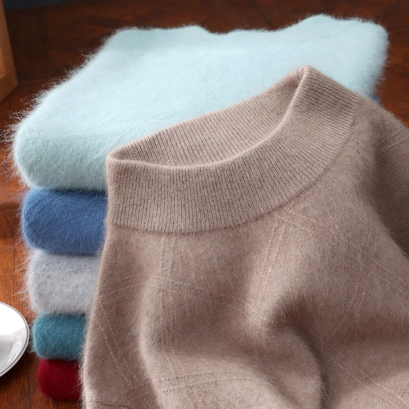 Men's Thickened Half-High Collar Pullover 100% Mink Cashmere Autumn Winter Long Sleeve Clothing Warm Cozy Top for Men