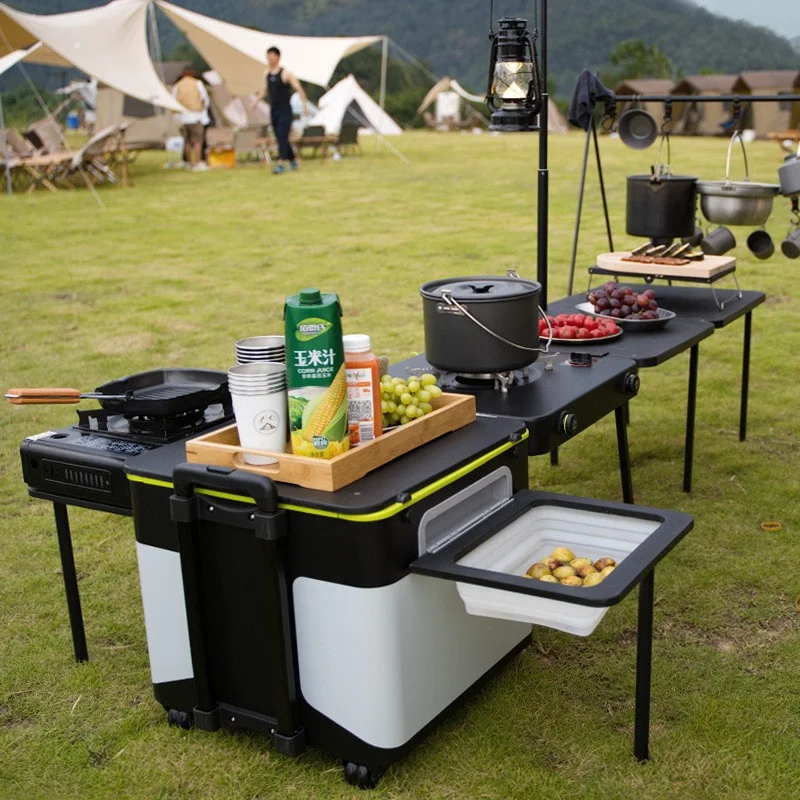 

2-6 Person Outdoor Mobile Kitchen Foldable Gas Stove Desk Solid Wood Desktop Aluminum Alloy Frame for Camping Hiking Picnic