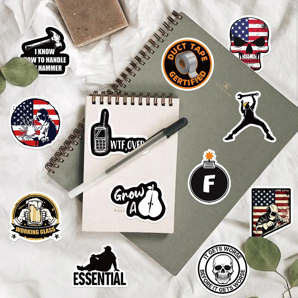 100 قطعة من ملصقات القبعة الصلبة المضحكة للبالغين، صندوق الأدوات، الخوذة، ملصقات الياقة الزرقاء، ملصق فينيل مقاوم للماء