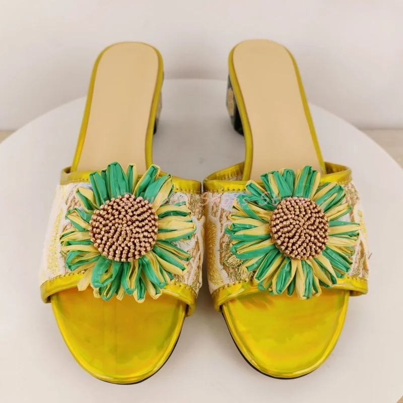 Yellow Lace Embroider Floral Sunflower Decor Sandals Women Square Toe Slip On Slippers Fashion Sweet Beach Causal Dress Shoes
