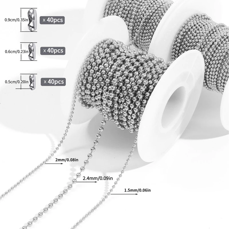 5 Meter Stainless Steel Ball Chains Necklace With 40pcs Connectors Clasps,Silver Bead Chain Sets for Necklace Hanging DIY Crafts