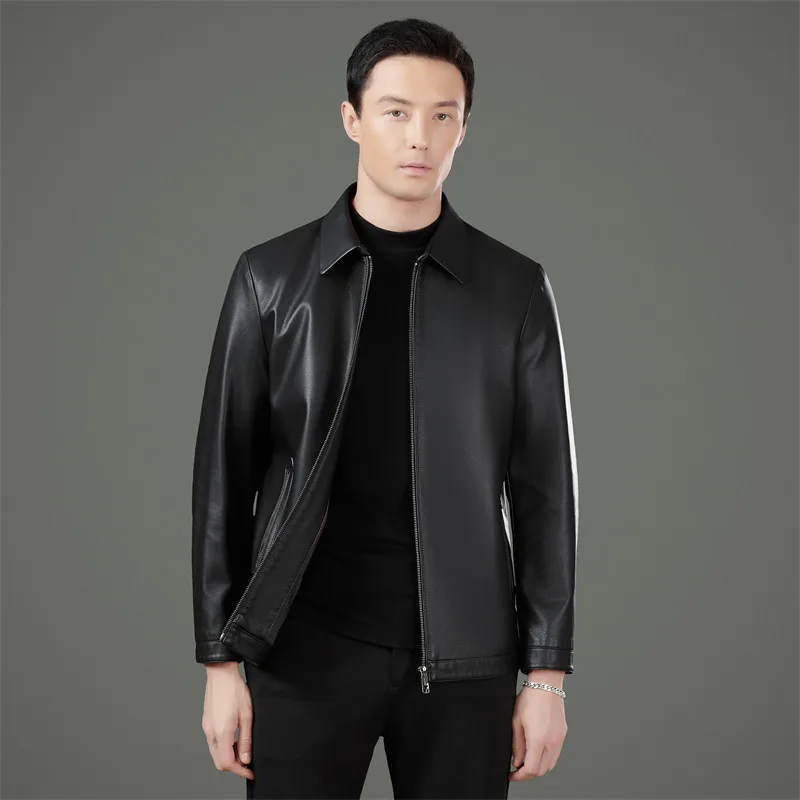 

Осенне-зимняя новая классическая мужская кожаная куртка, мужская деловая куртка из овчины с лацканами плюс бархатное повседневное пальто