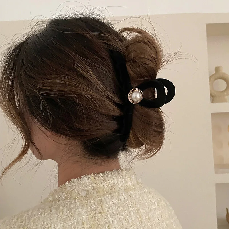 Pinza de pelo de terciopelo negro con diamantes de imitación para mujer, pinzas de garra para el cabello, horquilla de gran tamaño, accesorios