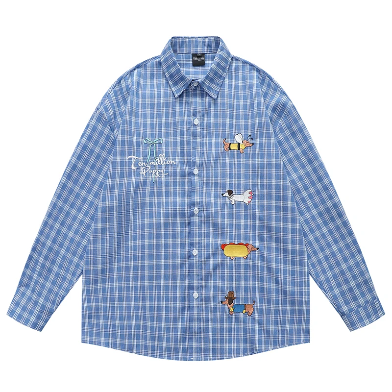 Autumn Mens Plaid Shirt Long Sleeve Cartoon Dog Embroidery Oversized Casual Button Up Checkered Blouse Kawaii Streetwear Tops