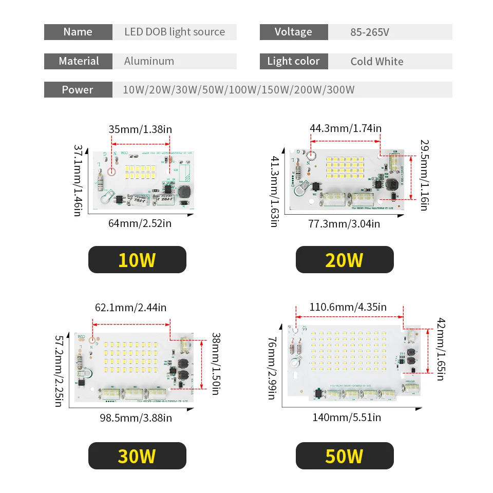 LED DOB Light Source 10W 20W 30W 50W 100W 150W 200W 300W For Outdoor Spotlight  AC 110V 220V Landscape Lighting DIY Chips