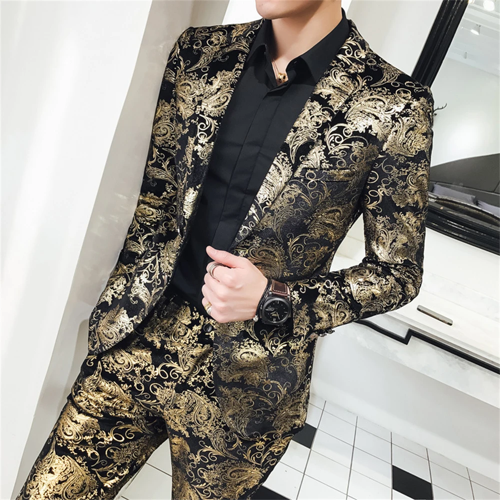 Jacquard Gold Men\'s Suit Set, Two Pieces Including Blazer and Pants, One Button, Long Sleeves, Fashion Performance Suits Tuxedo