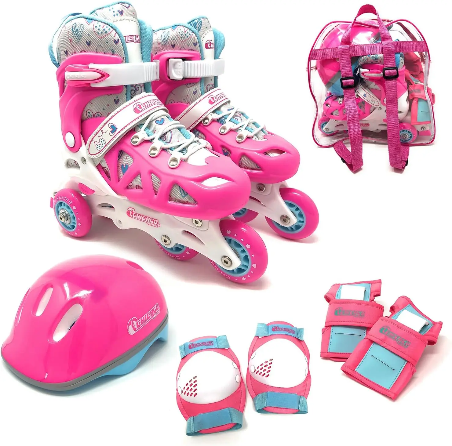 

Регулируемые детские роликовые коньки с защитным снаряжением - колеса 64 мм для использования в помещении и на улице