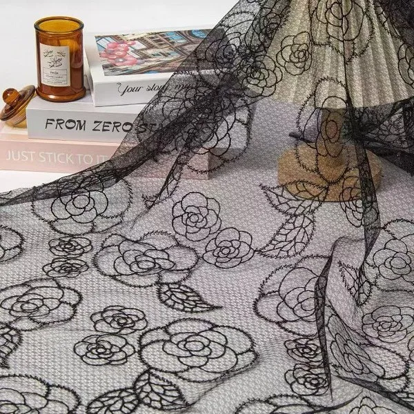 High Quality Multi-color New Mesh Lines, Camellia Embroidery, Eyelashes, Lace Fabric, DIY Wedding Dress, Clothing, Formal Dress