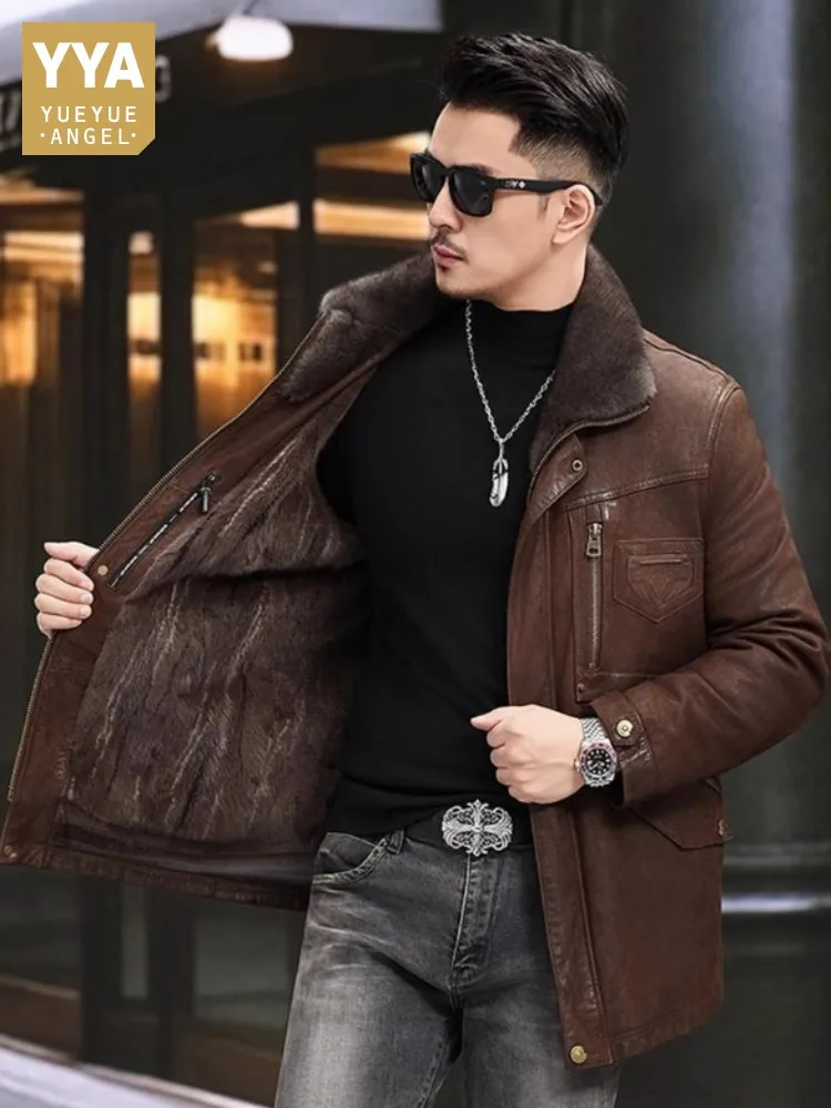 Luxury Real Fur Men Jacket Natural Goatskin Mink Fur Lining Outerwear Autumn Winter Banquet Overcoat Zipper Genuine Leather Coat