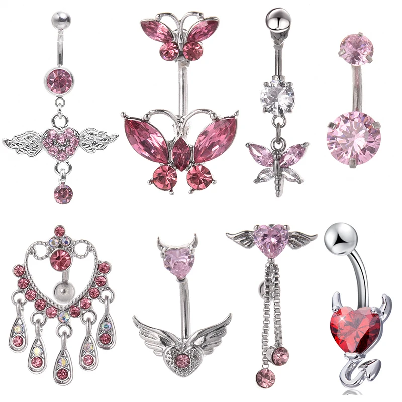 Steel Belly Button Rings Pink Crystal Piercing Navel Heart Style Navel Piercing Earring Belly Piercing Sexy Body Jewelry Ombligo