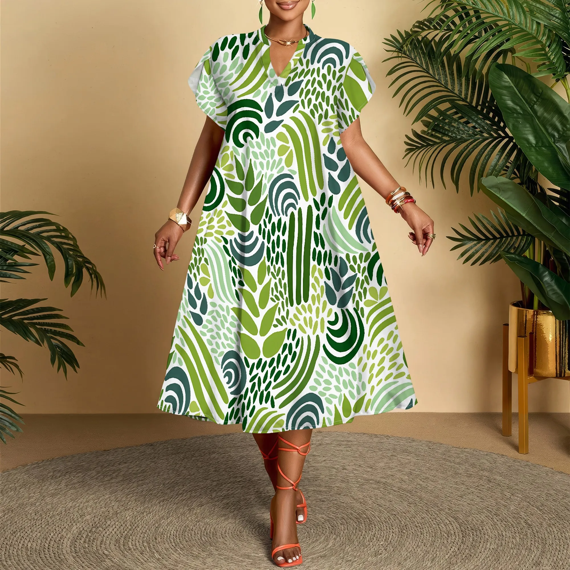 

Nupusa Green Leaf Pattern Print Dress for Women Regular Size Summer Casual V Neck Short Sleeve Midi Dress