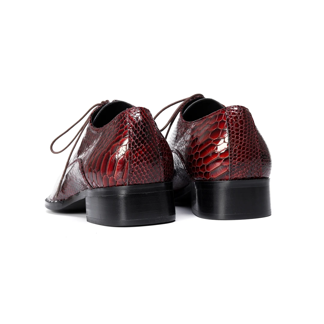 Luxury Wine Red Snake Pattern Patent Leather Oxford Shoes Men Retro Square Toe Lace Up Studded Welt Low Heel Dress Footwear