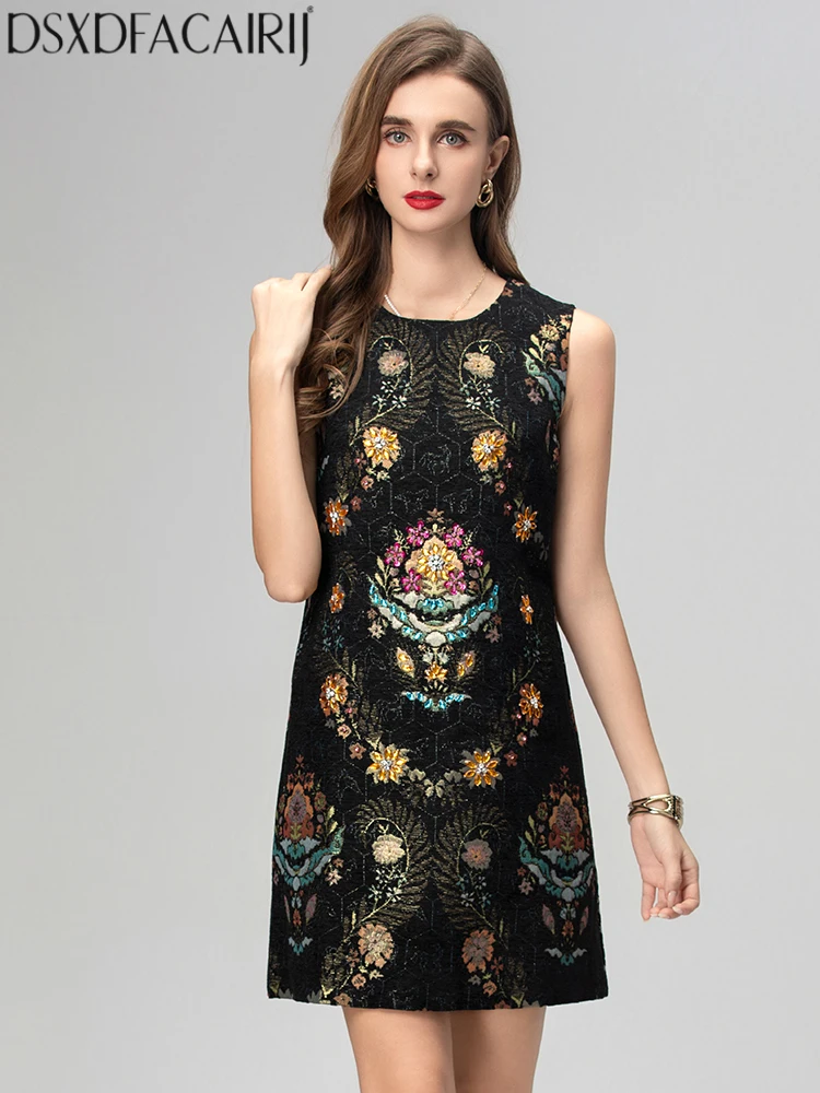 

DSXDFACAIRIJ Women's O-Neck Sleeveless Mini Dress Vintage Jacquard Tank Dresses Fashion for Autumn Diamond Detailing