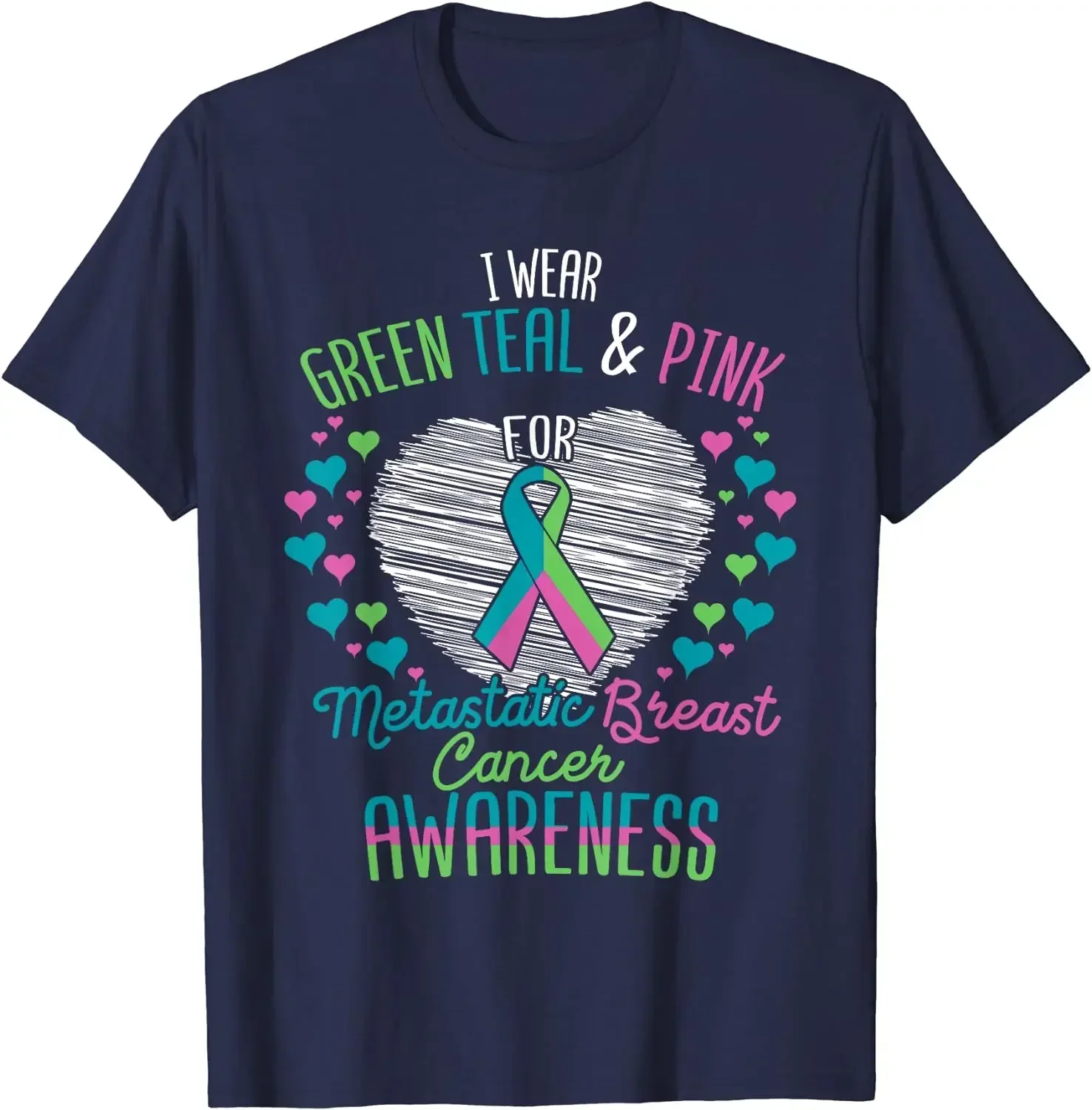 Casual Short Daily Four Seasons Wear Green Teal Pink for Metastatic Breast Cancer Ribbon T-Shirt for Women Oversized T Shirt